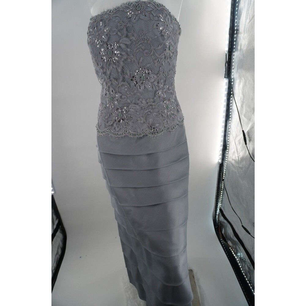 Jovani Grey Lace & Crystal Strapless Tiered Ruffle Tulle Evening Dress Size 14